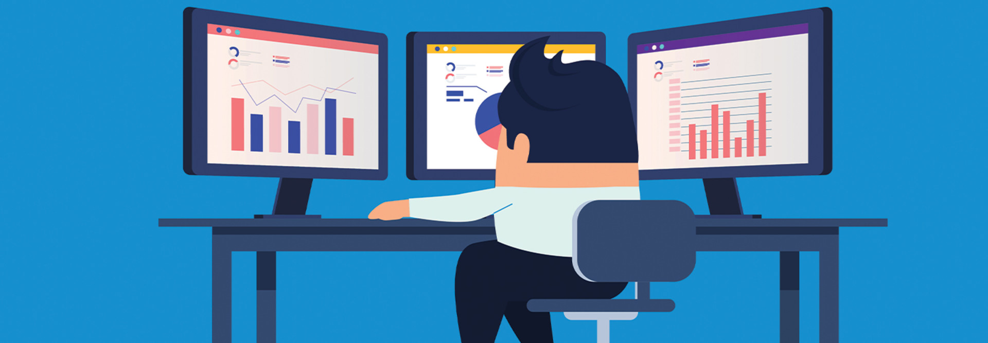 illustration of man sitting in front of computer screen analyzing data
