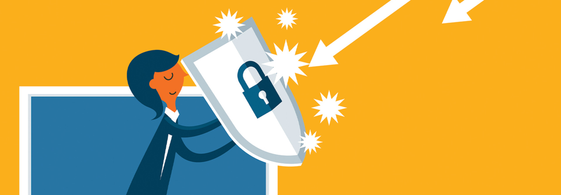 Illustration of woman out of a computer with shield