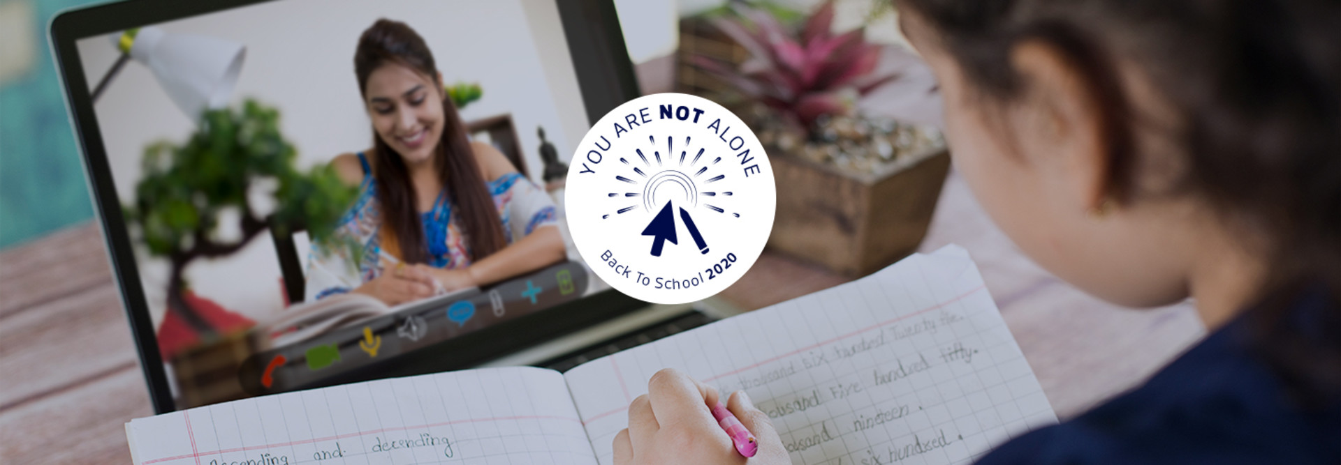 girl participating in online education class with teachers using laptop at home