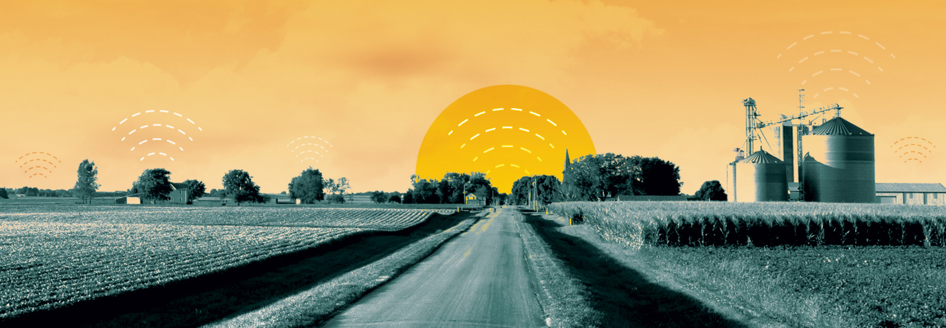 rural farm with sun setting