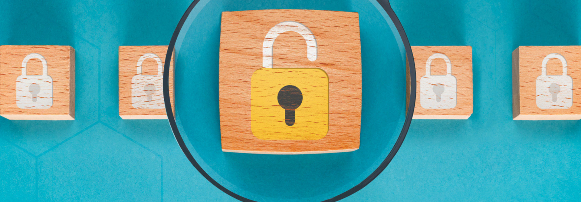 5 blocks with lock illustration and magnifying glass over center block. 
