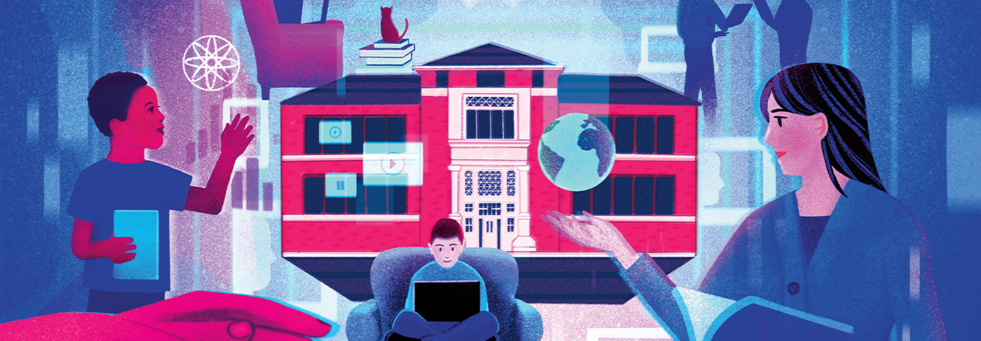 Blue and Red Illustration of Virtual School for K–12