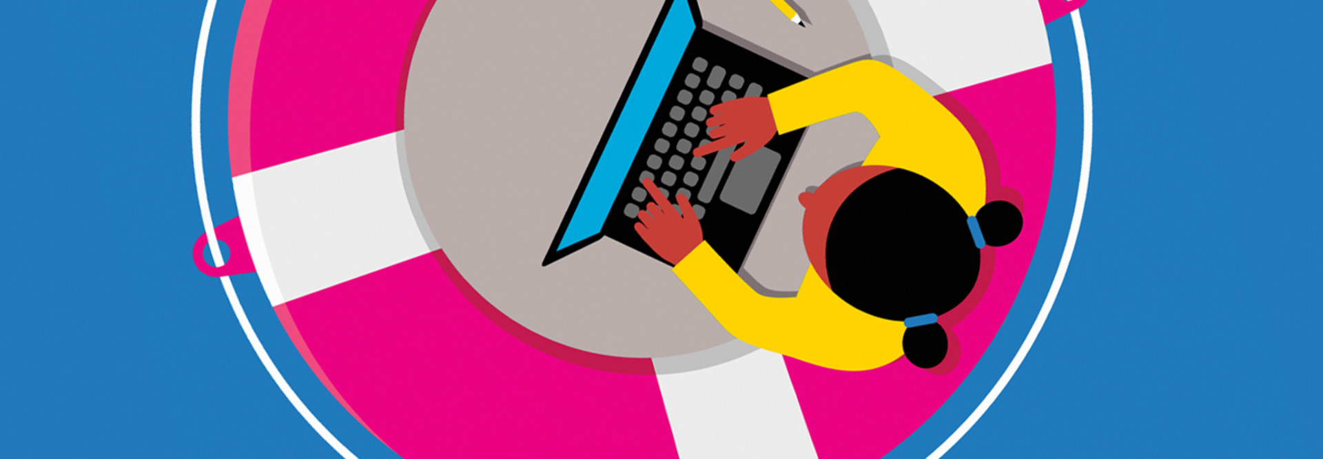Illustration of a student on a laptop in a life preserver