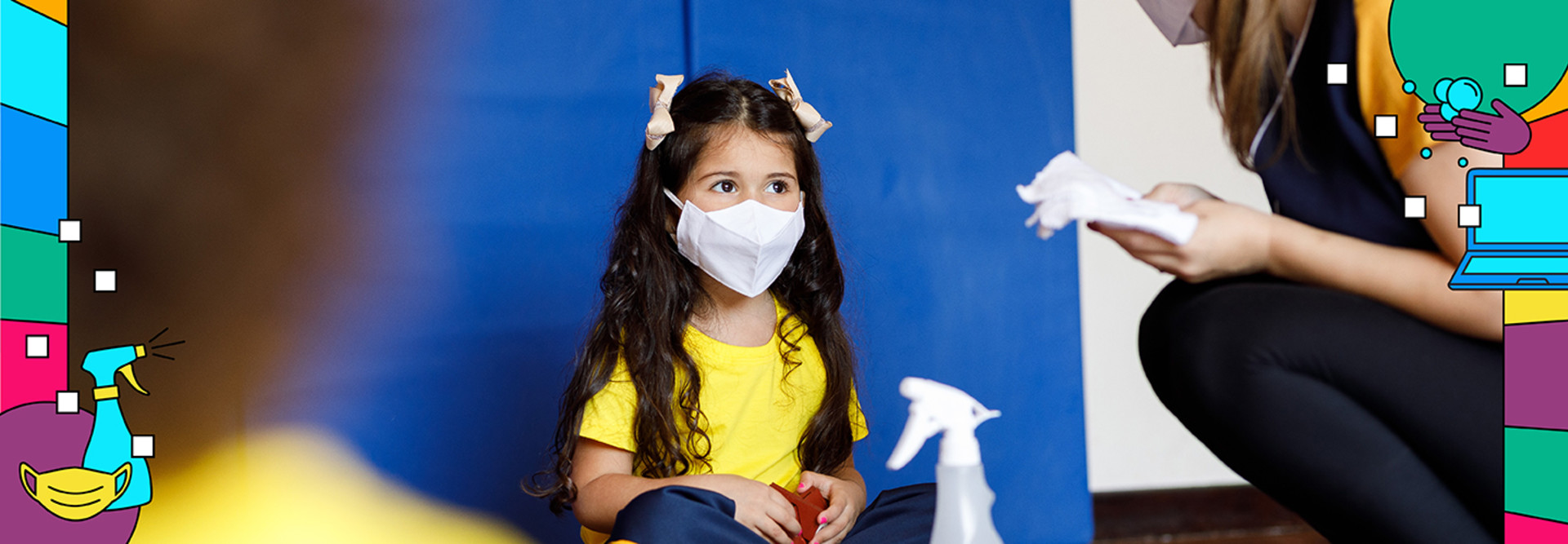 Student back to school with teacher sanitizing