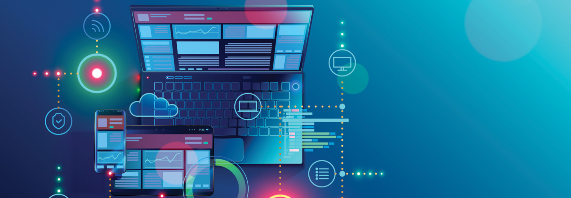 Illustration of computer and tablet with glowing symbols cybersecurity