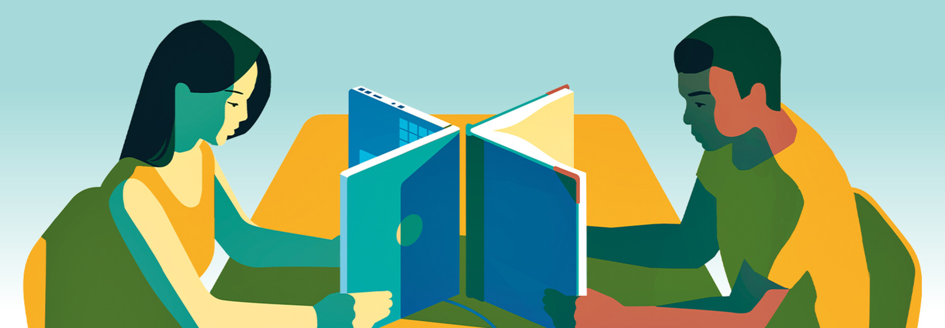 Illustration of two students reading a book and a laptop like a book