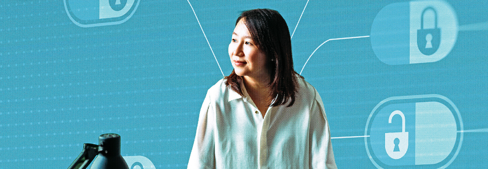 Female security expert on blue background with locks vCISO