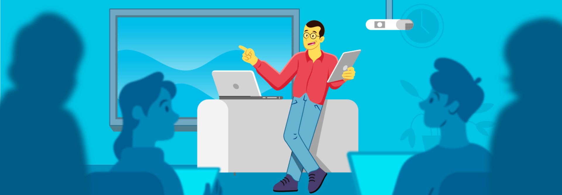 Teacher using new tech in classroom illustration
