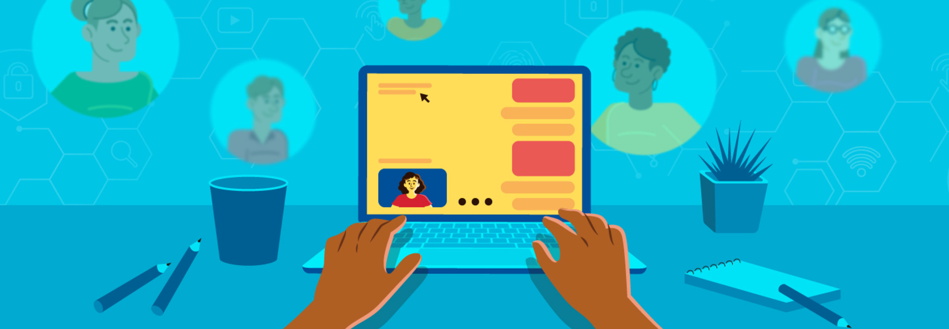 Teacher working on laptop with students illustration