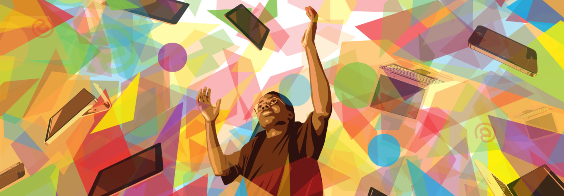 Illustrated student surrounded by shapes and technology