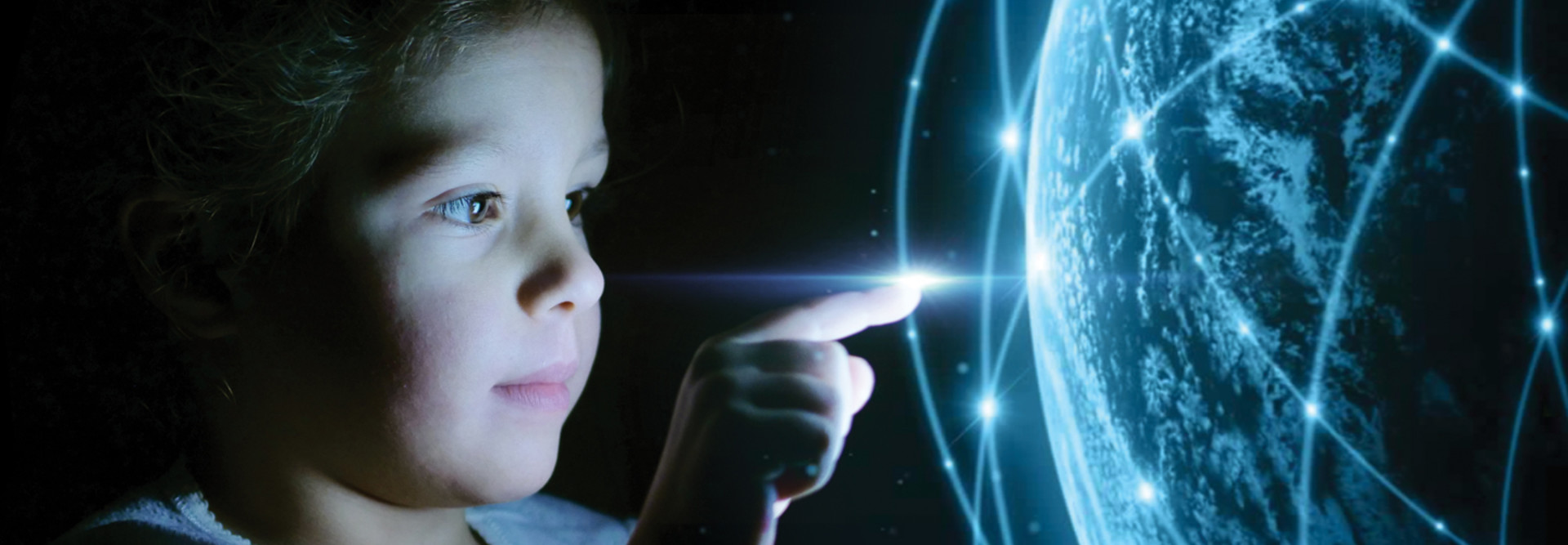 K-12 student touching digital globe artificial intelligence