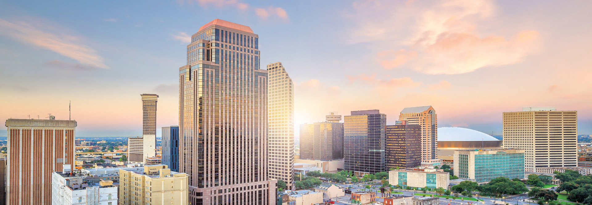 New Orleans, LA skyline at sunrise