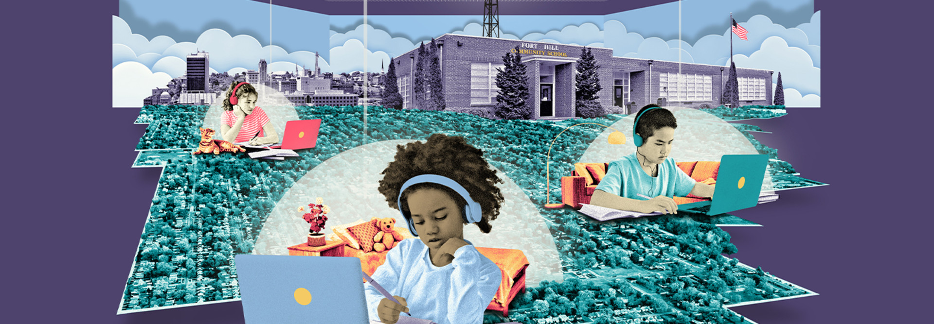 illustration of students learning virtually with school building in background