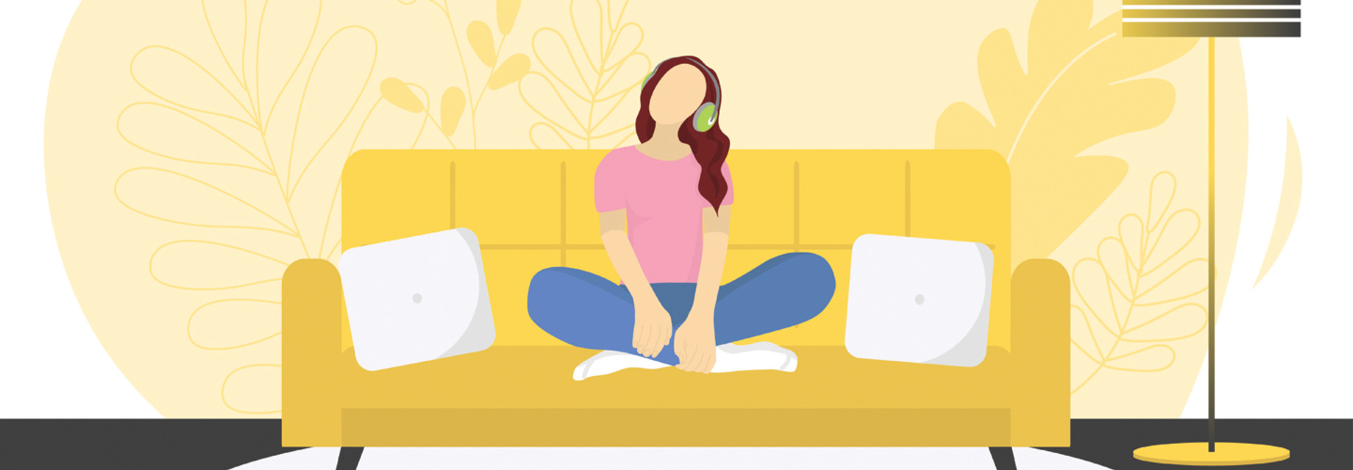 illustration of student sitting on a couch with headphones for self regulation