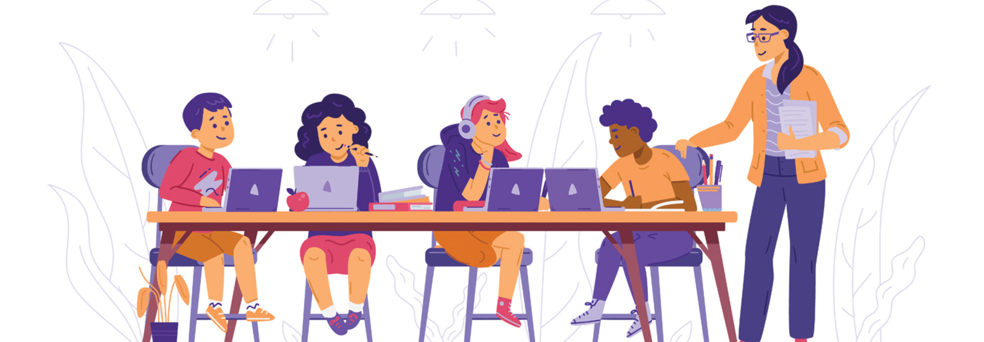 students on devices with educator oversight illustration of digital learning