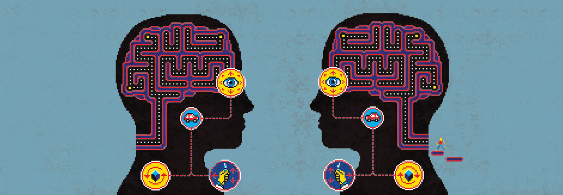 illustration of human silhouettes with video games in their heads