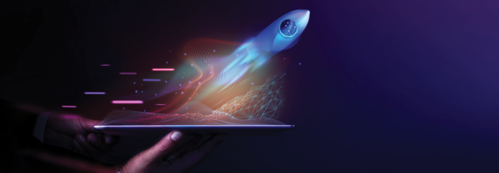 graphic of rocket flying out of a tablet to show digital transformation
