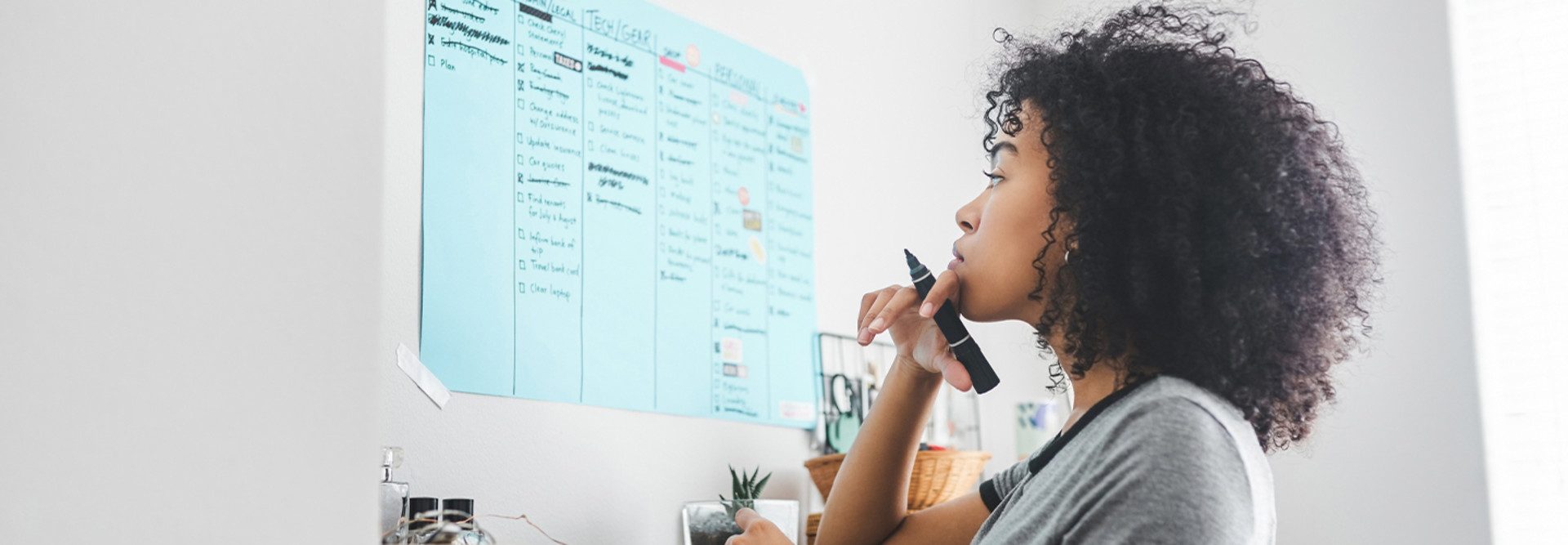 Person observing poster on their wall