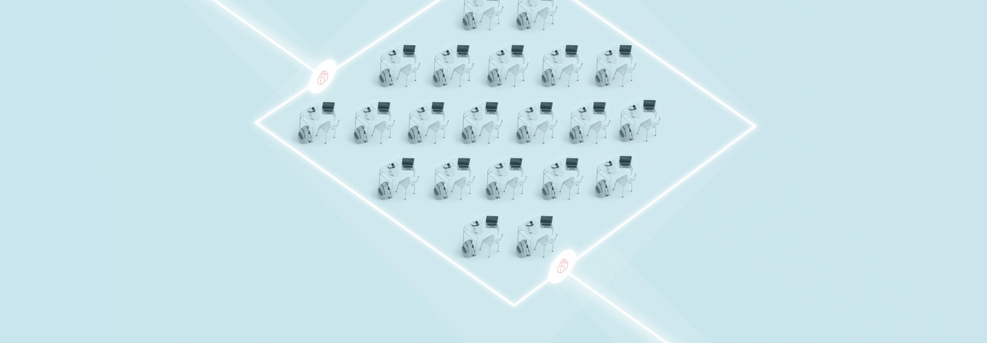 Blue background illustration with student desks in a white square