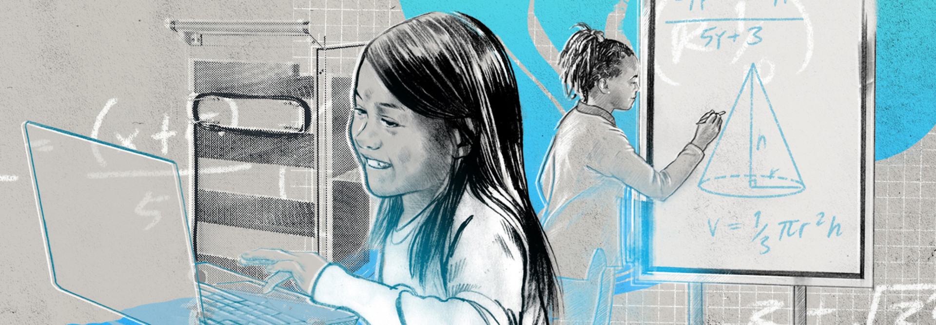 Illustration of student using laptop in class