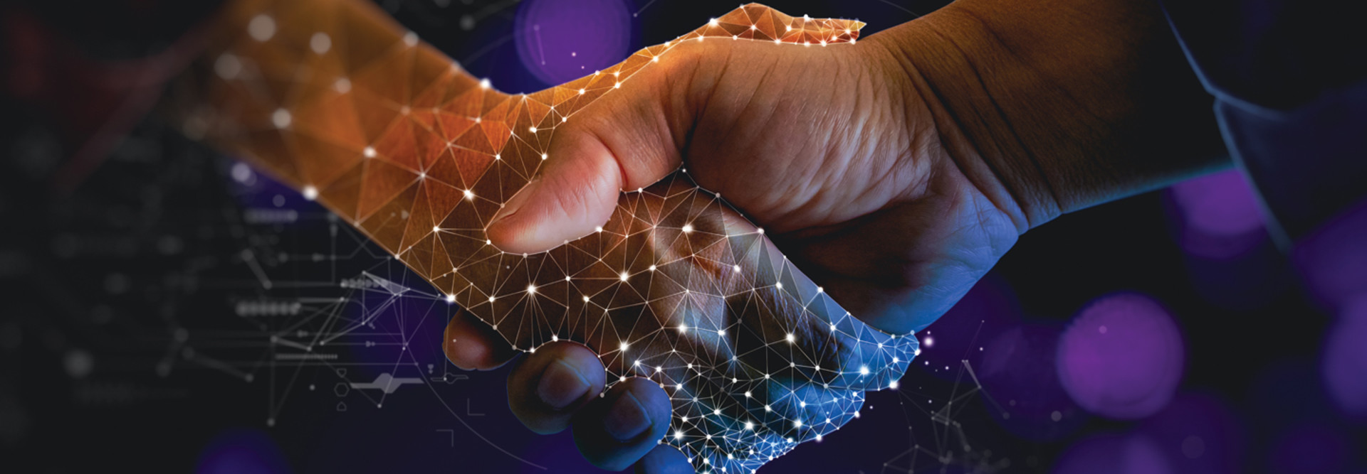 Hologram and business person shaking hands