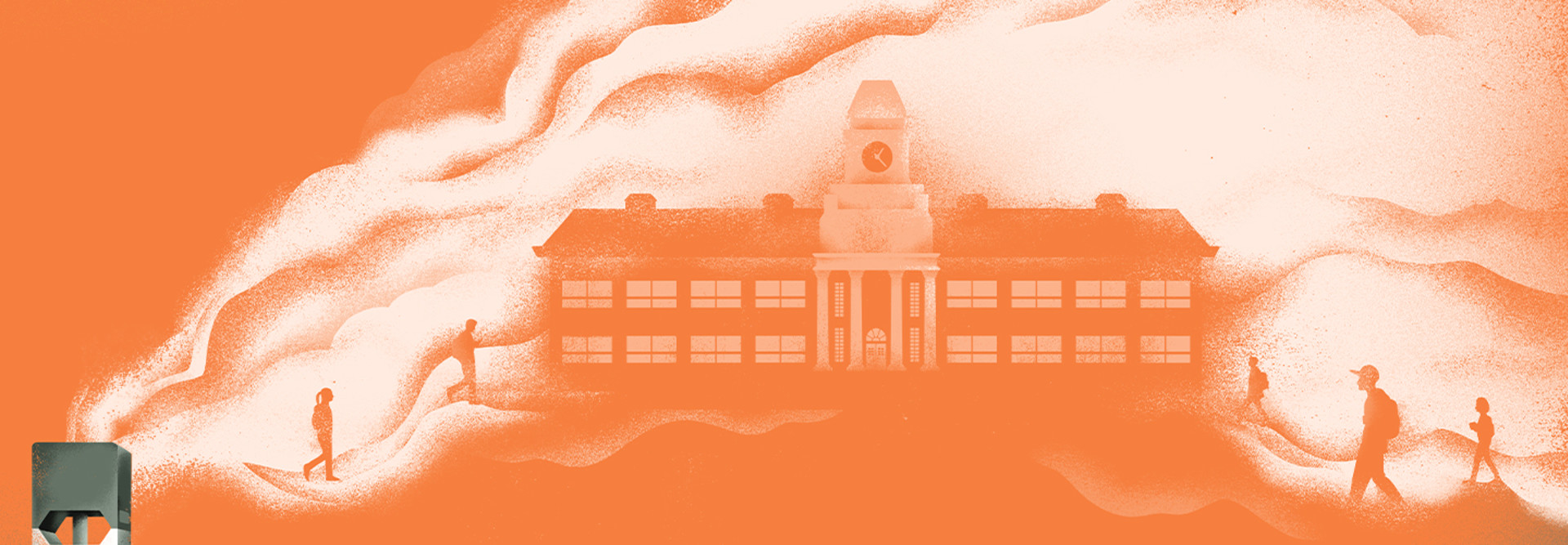 Illustration of a school surrounded by smoke