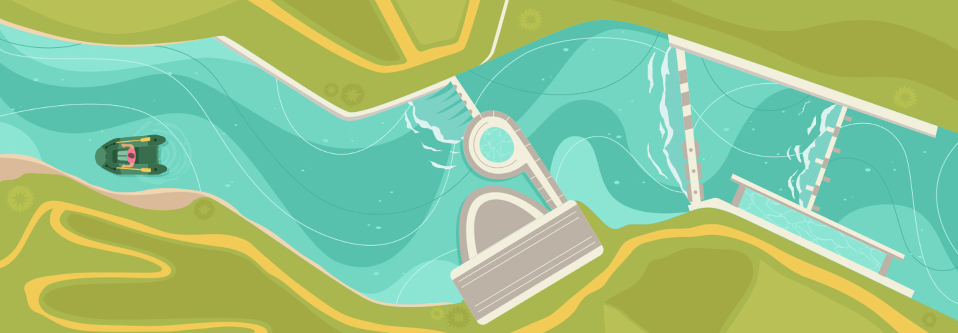 illustration of boat in river with dam