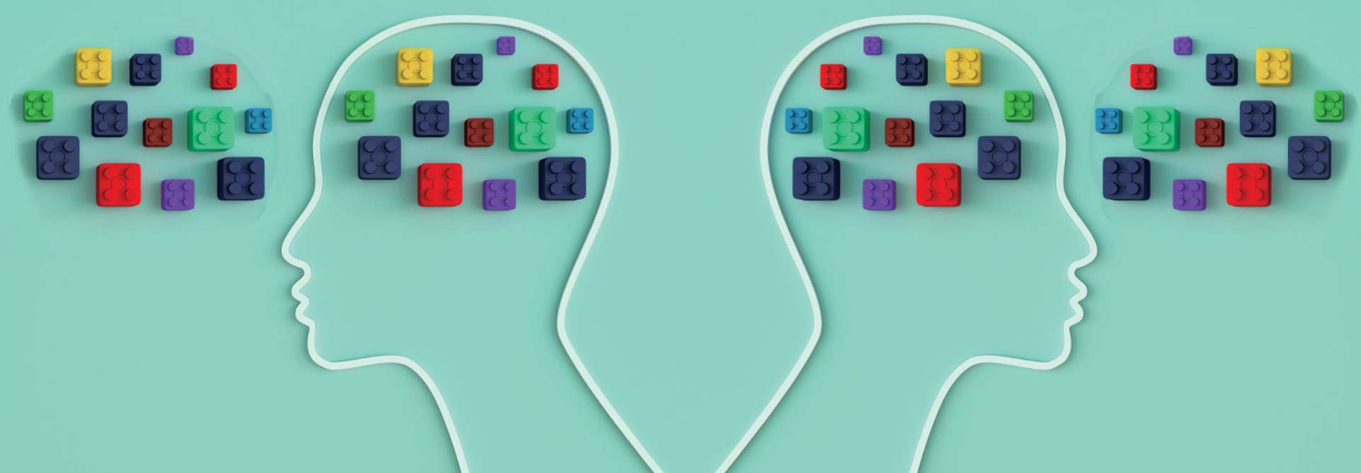 Illustration of head silhouettes with toy bricks in their minds and outside of them