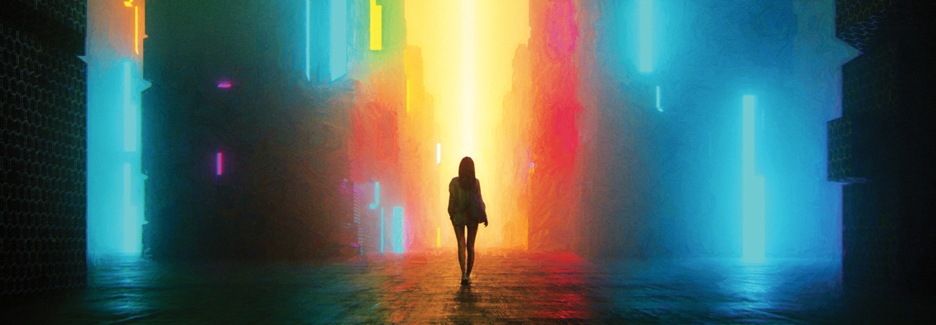 Illustration of a person walking through a city at night