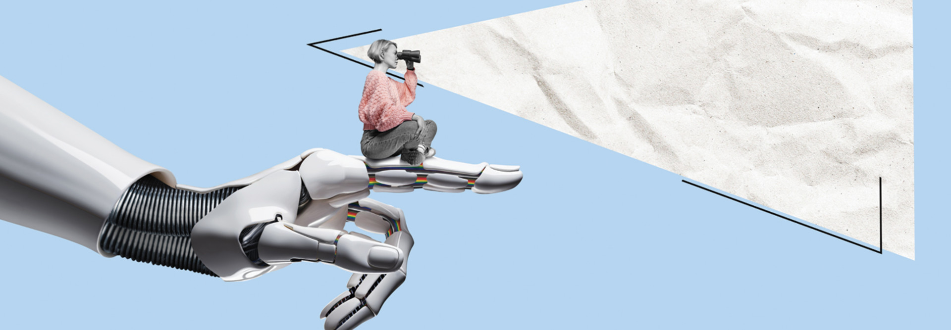 Illustration of woman sitting on robot hand and peering through binoculars