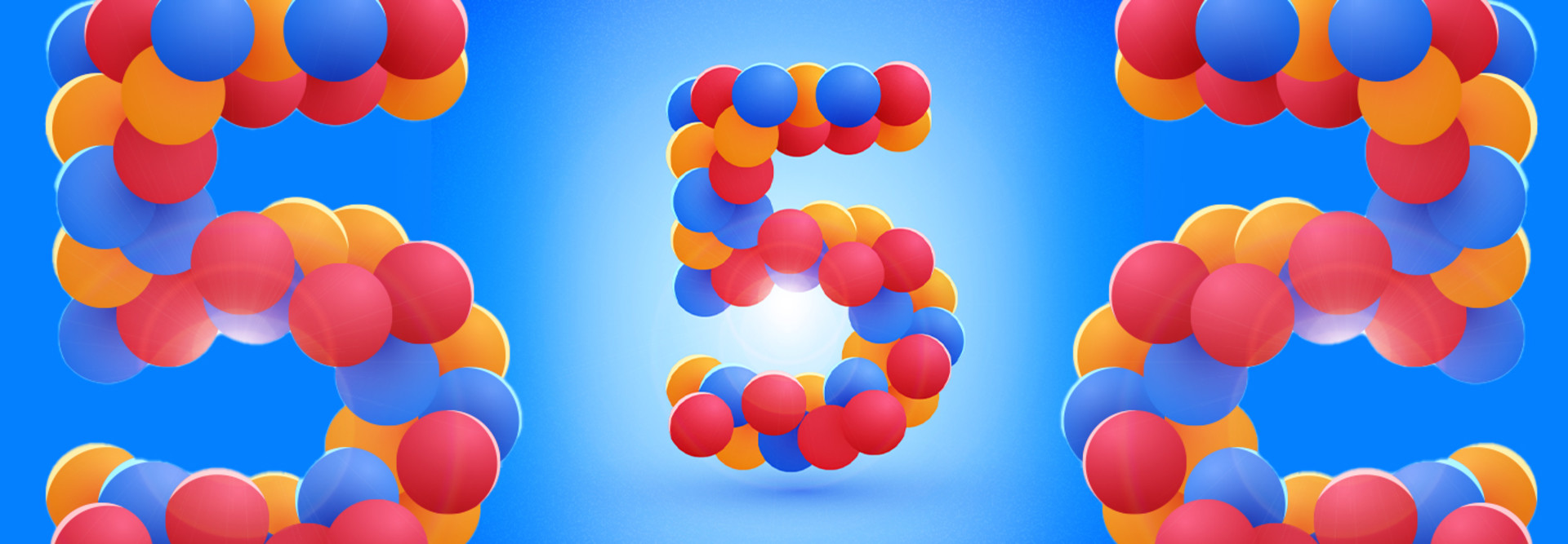 numeral 5 made of balloons in primary colors