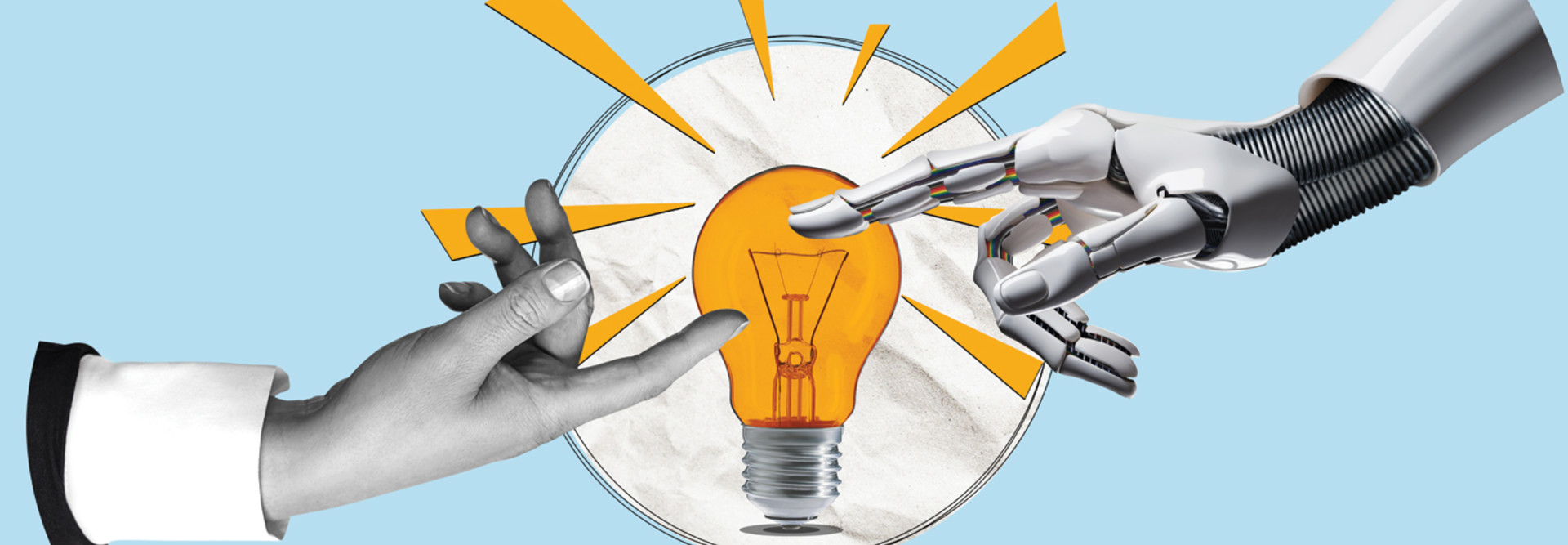 Illustration of human and robot hand reaching toward a central lightbulb