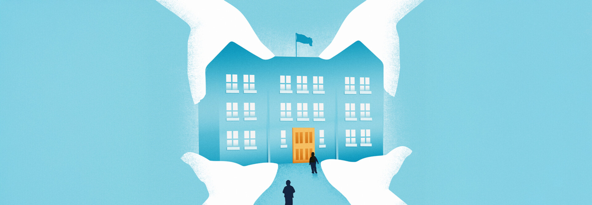 Illustration of four hands holding a school building