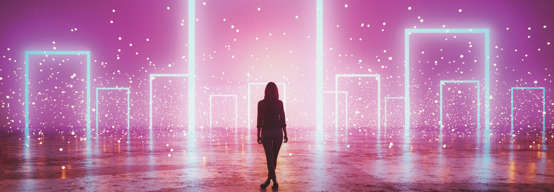 Figure standing in front of glowing portals