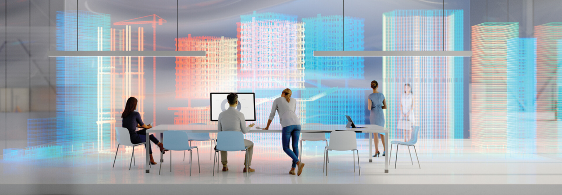people in a room surrounded by digital and colorful rectangles to represent AI agents among data