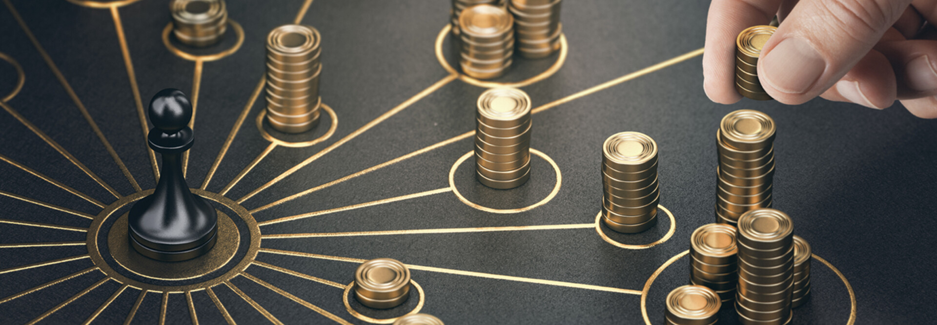 Chess piece surrounded by stacks of gold coins
