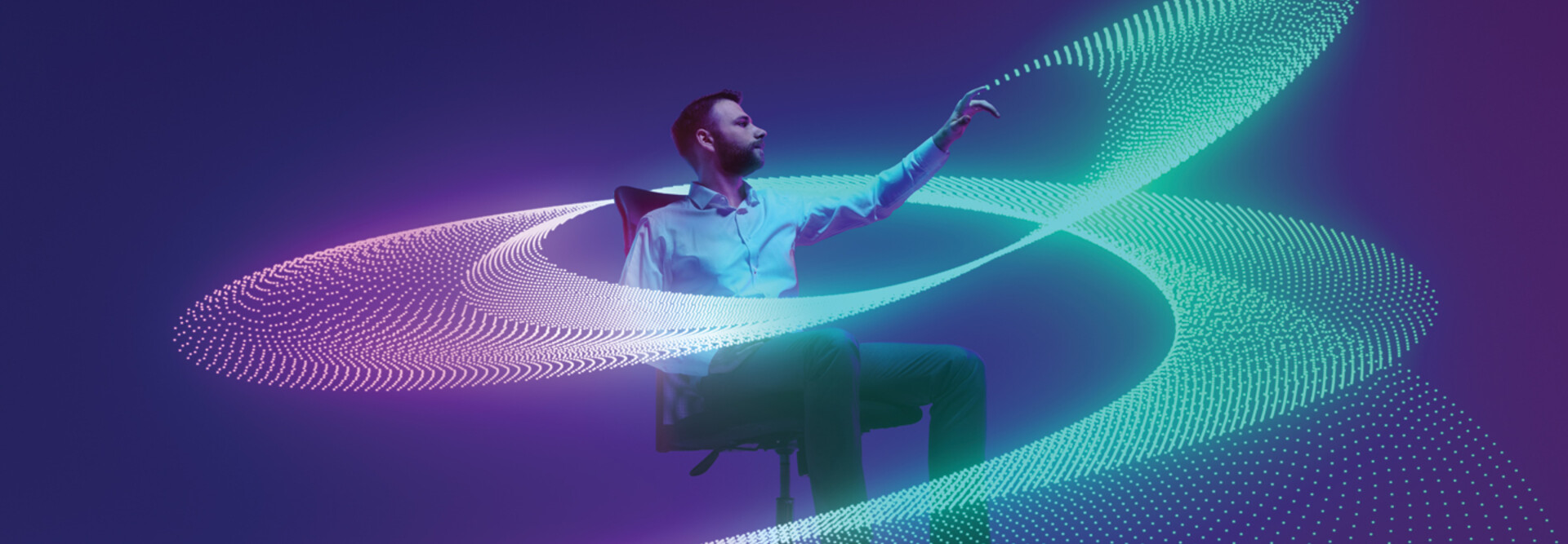 Person surrounded by a flowing digital wave
