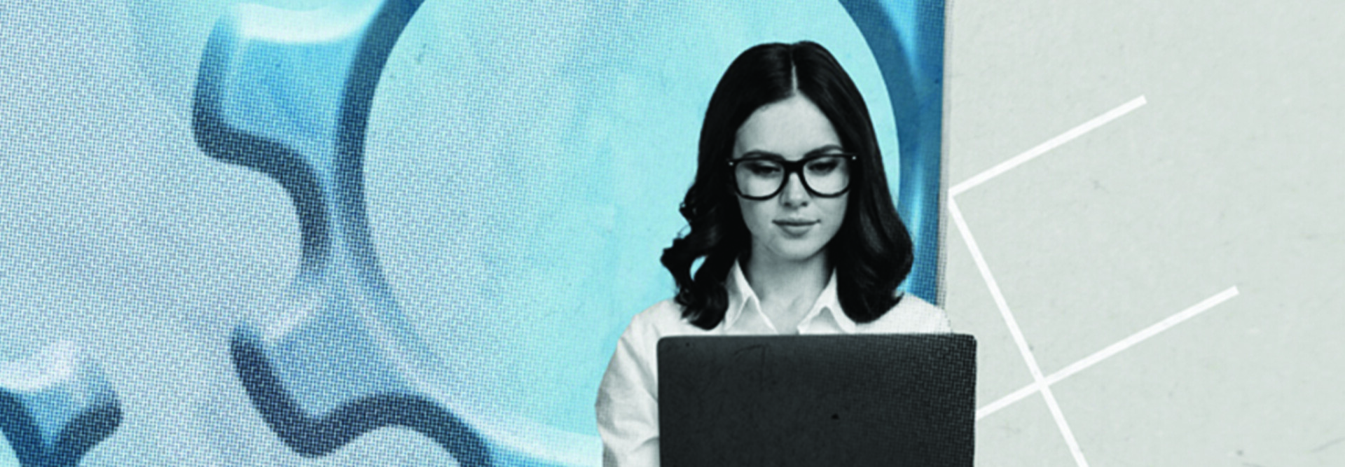Person using laptop with gears in the background