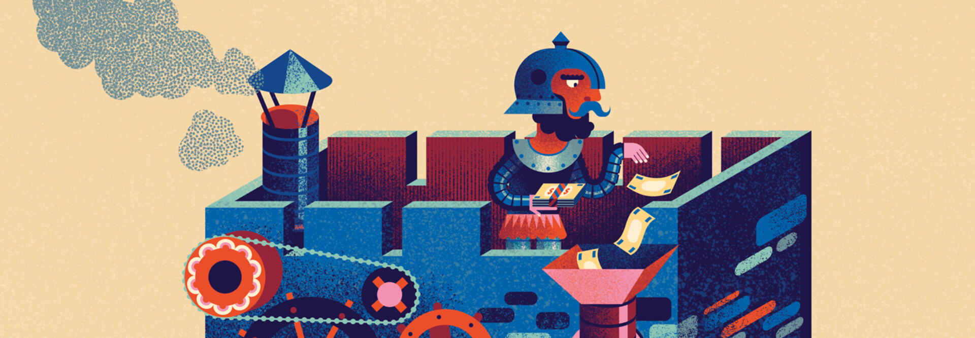 Illustration of knight throwing money into funnel to represent AI investments