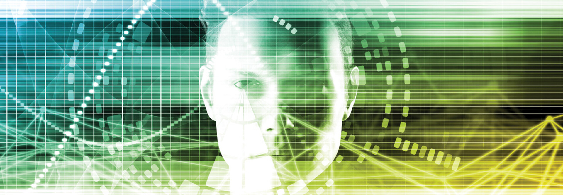 Portrait of person obscured by technology overlay to symbolize cybersecurity and physical security
