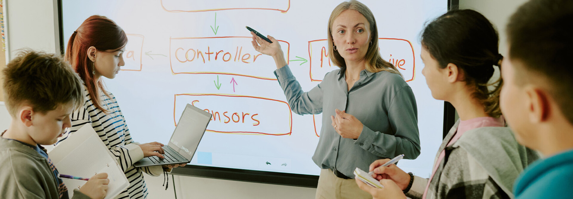 Students using an interactive board