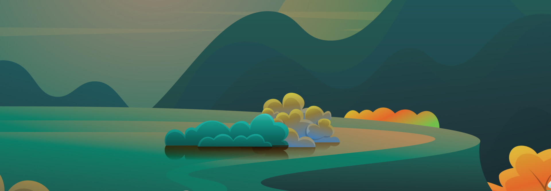 Digital drawing of bluffs with mountains in the distance