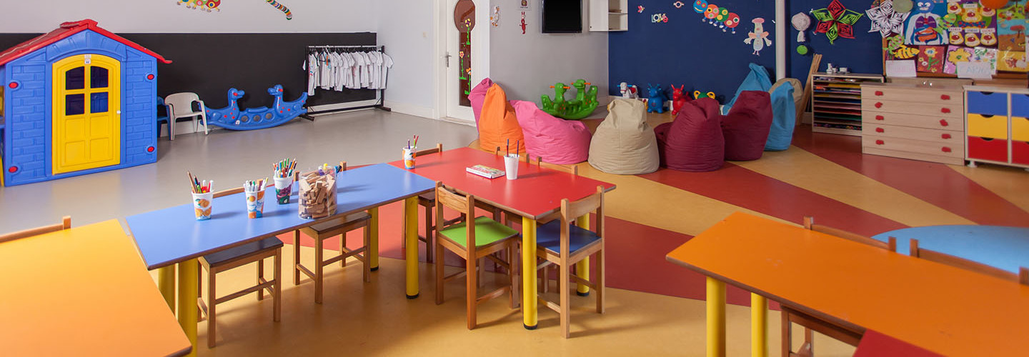 Interior of preschool kindergarten. Flexible learning classroom.