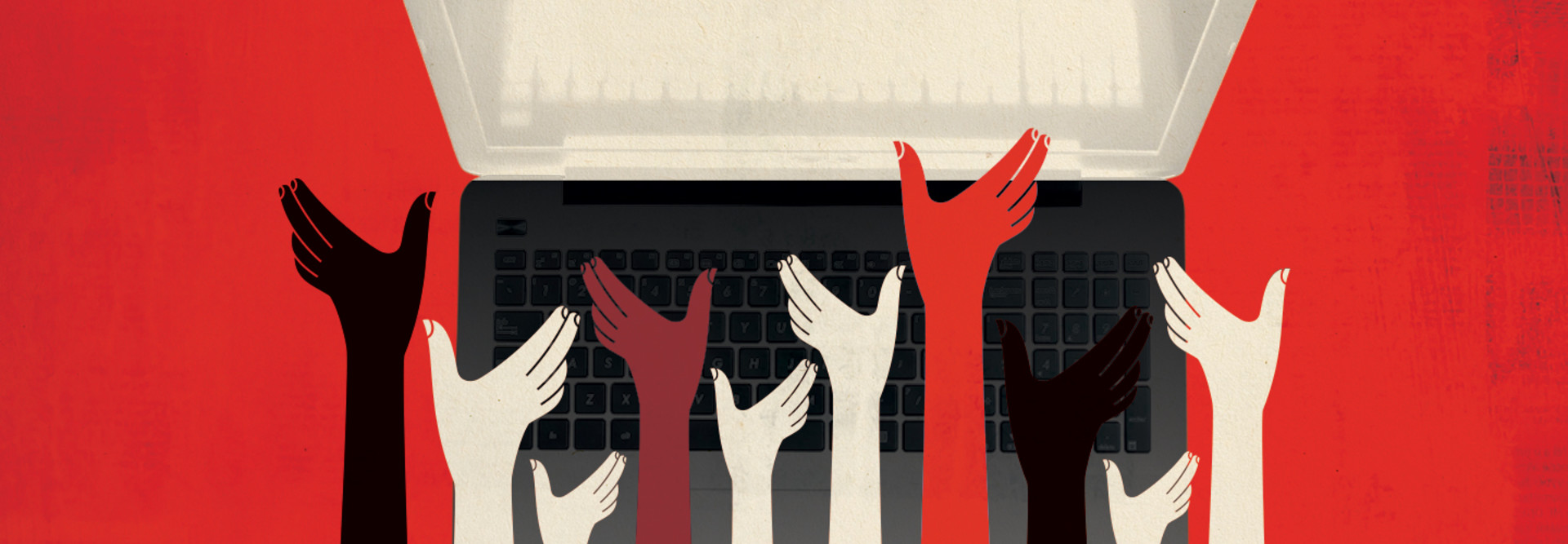 Illustration of hands holding up laptop