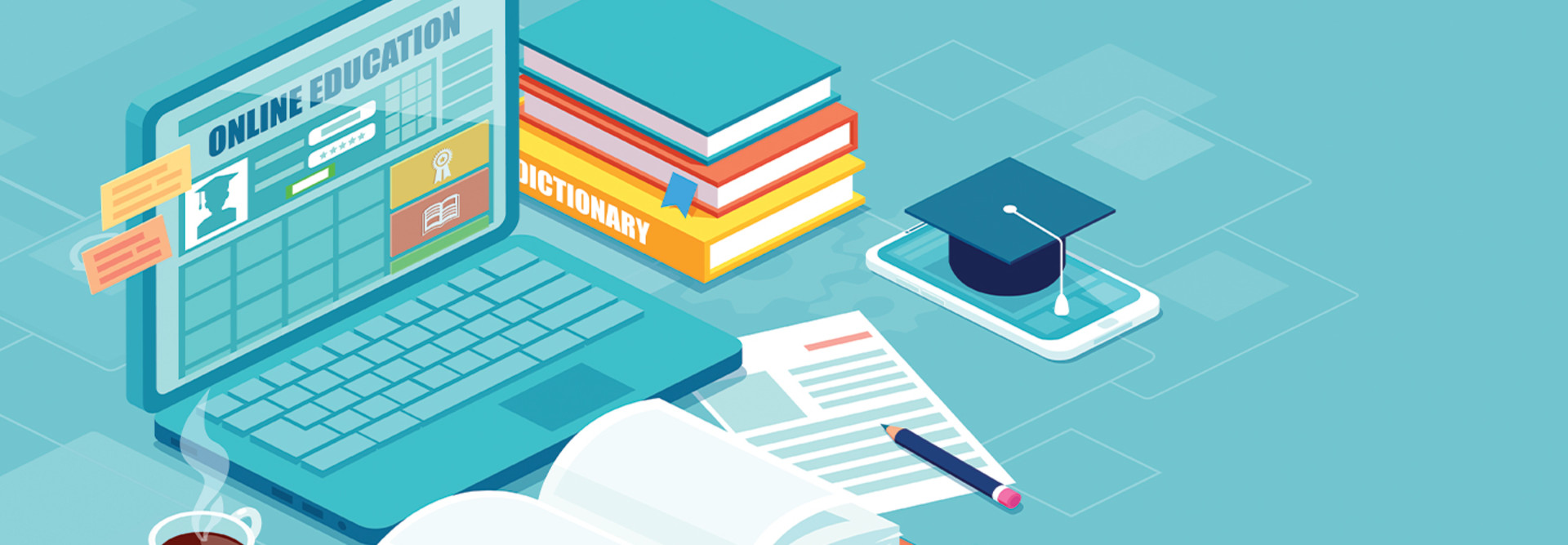 online education concept illustration of laptop on desk