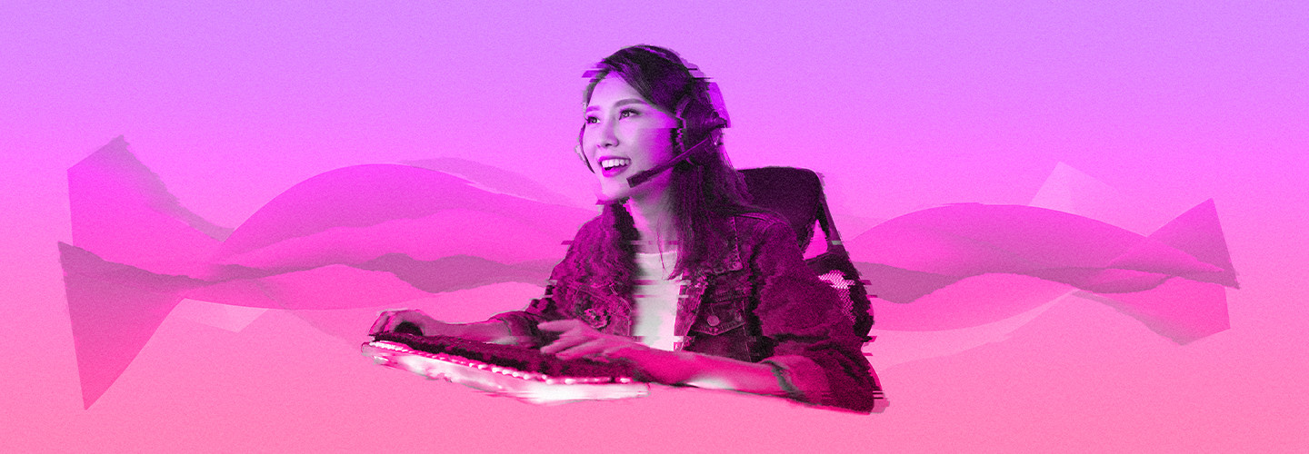 female esports player on pink gradient background