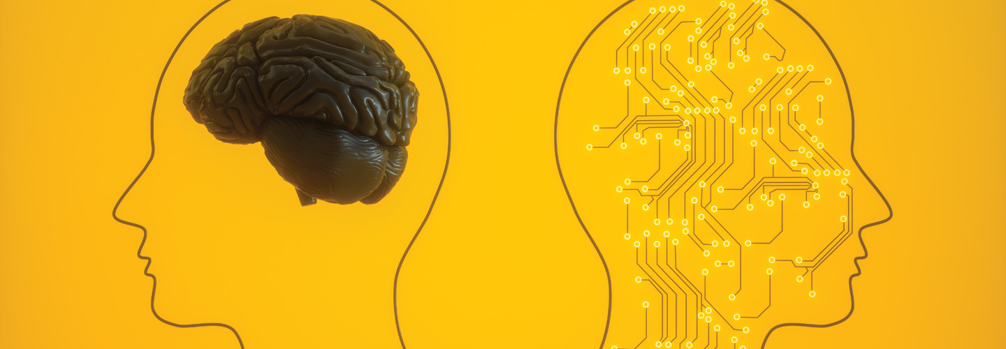 AI concept with two illustrated heads one brain one circuitboard yellow background