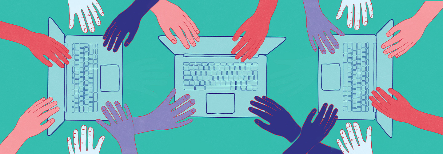 Illustration of many hands reaching in to touch laptops