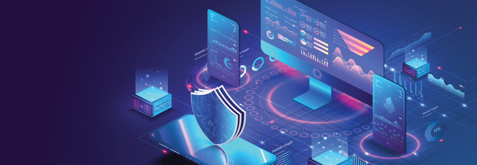 illustration of shield and tech representing managed security 