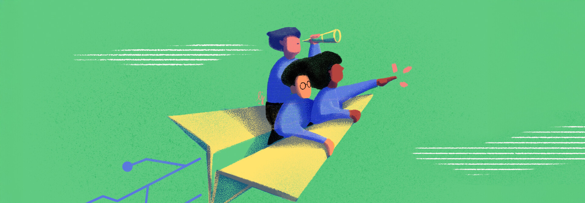 Illustration of students riding on a paper airplane
